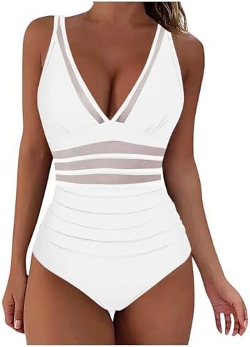 41Otb1LH7lL._AC_.jpg Generic One Piece Swimsuit Women Mesh Tummy Control V Neck High Waist Ruched Pushup Bathing Suit Sexy Beach Vacation Swimwear