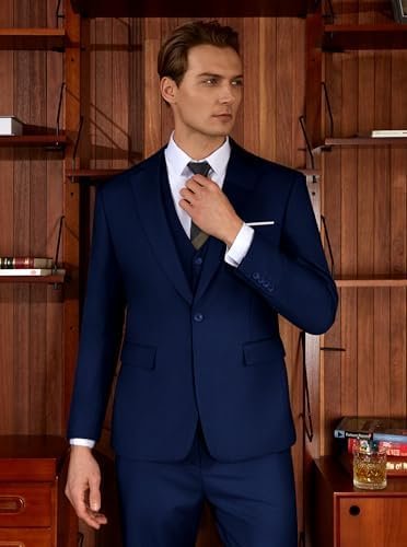 WULFUL Men’s Slim Fit Suit One Button 3-Piece Blazer Dress Business Wedding Party Jacket Vest & Pant