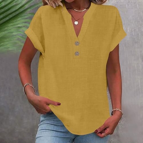 Womens Cotton Linen Shirts Summer Trendy Short Sleeve V-Neck Blouses Tops Button Down Gauze Tees Casual Clothes 2025