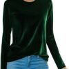 Velvet Tops for Women Long Sleeve Round Neck Shirt Blouse Pullove Solid Casual Tee Shirt Trendy Velvet Tops