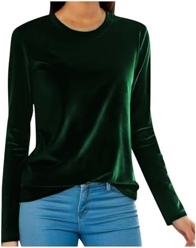 Velvet Tops for Women Long Sleeve Round Neck Shirt Blouse Pullove Solid Casual Tee Shirt Trendy Velvet Tops