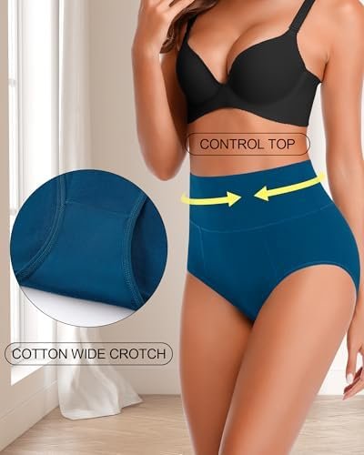 ASIMOON High Waisted Cotton Underwear for Women Plus Size Slight Tummy Control Full Coverage Panties Briefs Ladies Pack