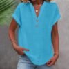 Linen Shirt for Women Summer Button Down Short Sleeve V Neck Tops Solid Color Comfy Blouses Casual Dressy Tunic Tees