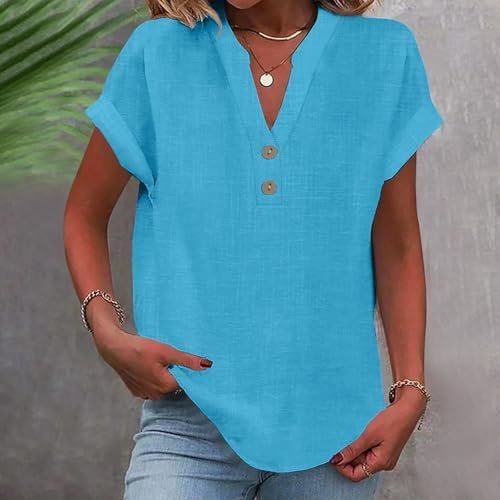 Linen Shirt for Women Summer Button Down Short Sleeve V Neck Tops Solid Color Comfy Blouses Casual Dressy Tunic Tees