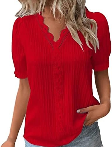 Women Summer Lace V Neck Plain Lace Elegant Shirt Fashion Solid Color Elegant Blouse Short Sleeve Plus Size Scrub Tops