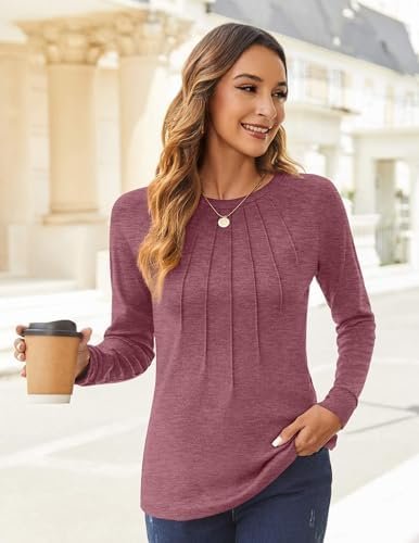 Zeagoo Fall Tops for Women Long Sleeve Shirts Casual Cotton Blouses 2025 Dressy Pleated Tunics