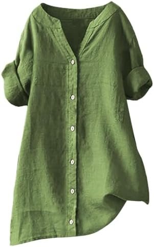 Linen Shirts for Women Trendy Button Down Work Plus Size V Neck Boho Clothes Summer Tops for Seniors 2025