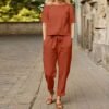 2 Piece Outfits for Women Summer Cotton Linen Casual Matching Set Short Sleeve T Shirts and Capri Pants with Pockets