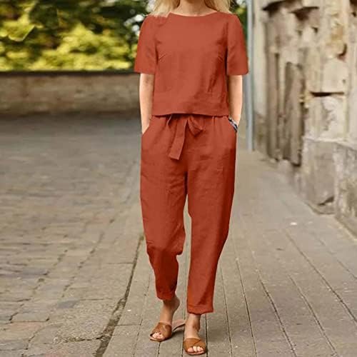 2 Piece Outfits for Women Summer Cotton Linen Casual Matching Set Short Sleeve T Shirts and Capri Pants with Pockets