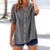 Womens Linen Button Down Shirts Gauze Cotton Shirt Short Sleeve Oversized Boyfriend Solid Tunic Tops Casual Dressy