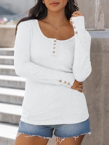 Kissfix Womens Long Sleeve Shirts Fall Clothes Henley Tops Business Casual Ribbed Blouses Fashion Trendy Outfits 2025