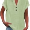 Linen Shirt for Women Summer Button Down Short Sleeve V Neck Tops Solid Color Comfy Blouses Casual Dressy Tunic Top