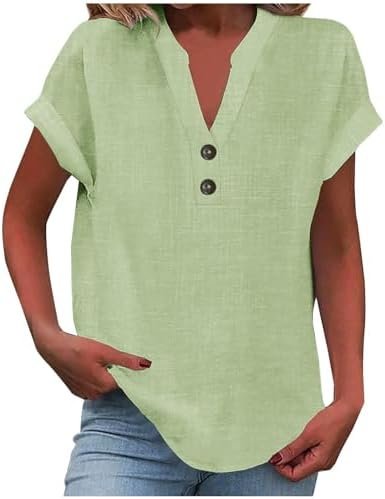 Linen Shirt for Women Summer Button Down Short Sleeve V Neck Tops Solid Color Comfy Blouses Casual Dressy Tunic Top