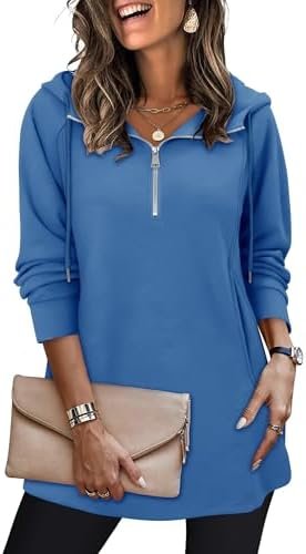 onlypuff Women Hoodie Pullover Trendy Quarter Zipper Lapel Sweatshirts Drawstring Cute Hooded Tunic Tops with Side Pockets