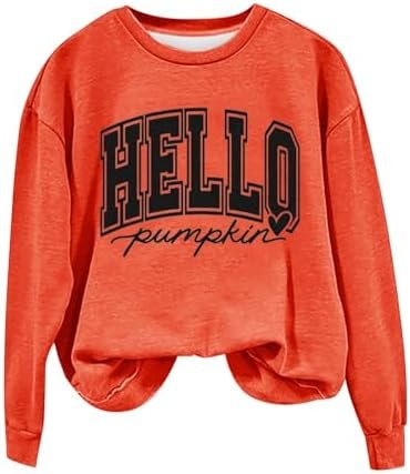 Generic Halloween Sweatshirts for Women Casual Crewneck Pullover Long Sleeve Shirt Hello Pumpkin Print Loose Fit Fall Clothes