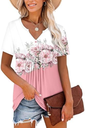 BETTE BOUTIK Womens Short Sleeve Tunics V Neck Button Down Shirts Blouse Tops Pullover S-3XL