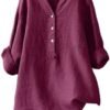 Linen Shirts for Women 3/4 Sleeve V Neck Blouses Buttons Plus Size Loose Fit T-Shirts Solid Color Summer Holiday Tops