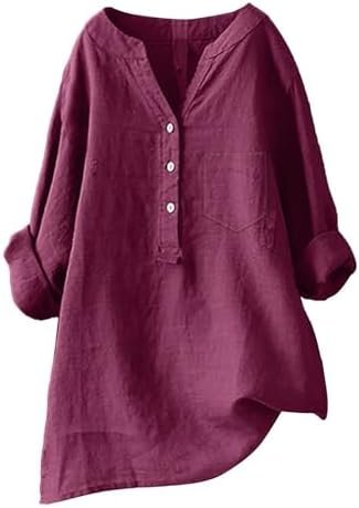 Linen Shirts for Women 3/4 Sleeve V Neck Blouses Buttons Plus Size Loose Fit T-Shirts Solid Color Summer Holiday Tops