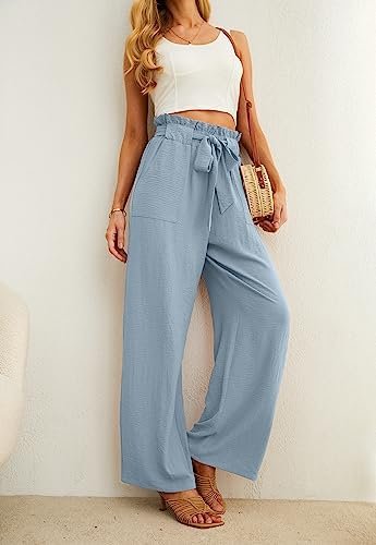 IWOLLENCE Women's Wide Leg Pants with Pockets High Waist Adjustable Knot Loose Casual Trousers Business Work Casual Pants