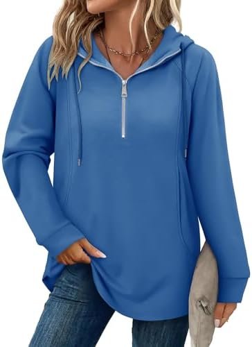 onlypuff Women Hoodie Pullover Trendy Quarter Zipper Lapel Sweatshirts Drawstring Cute Hooded Tunic Tops with Side Pockets