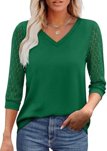 XIEERDUO 3/4 Length Sleeve Womens Tops V-Neck Lace Tunic Tops Business Casual Blouses 2025