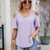 41UiowSnzTL._AC_.jpg Eyelet Tops for Women Short Sleeve T Shirts Summer Spring Fashion 2025 Trendy Clothes Cold Shoulder Blouses