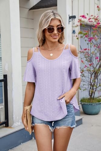 41UiowSnzTL._AC_.jpg Eyelet Tops for Women Short Sleeve T Shirts Summer Spring Fashion 2025 Trendy Clothes Cold Shoulder Blouses