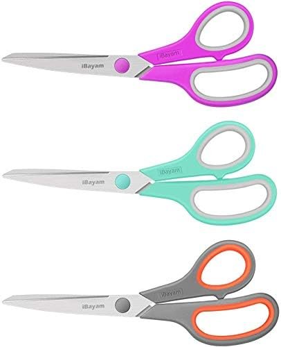 Scissors, iBayam 8" All Purpose Scissors Bulk 3-Pack, Ultra Sharp 2.5mm Thick Blade Shears Comfort-Grip for Office Desk Accessories Sewing Fabric Home Craft Teacher School Supplies, Right/Left Handed