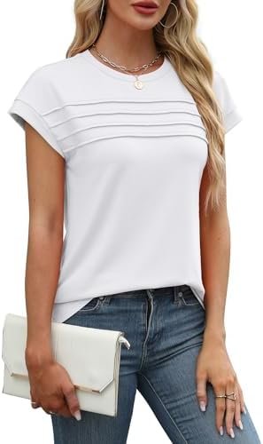 WEESO Womens Summer Tops Trendy 2025 Cap Sleeve T Shirts Crew Neck Pleated Front Clothes Fashion