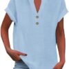 Linen Shirt for Women Summer Button Down Short Sleeve V Neck Tops Solid Color Comfy Blouses Casual Dressy Tunic Top