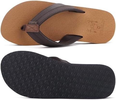 KuaiLu Men's Yoga Mat Leather Flip Flops with Arch Support Comfortable Cushion Walking Thong Sandals Slip On Indoor Outdoor