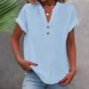 Linen Shirt for Women Summer Button Down Short Sleeve V Neck Tops Solid Color Comfy Blouses Casual Dressy Tunic Top