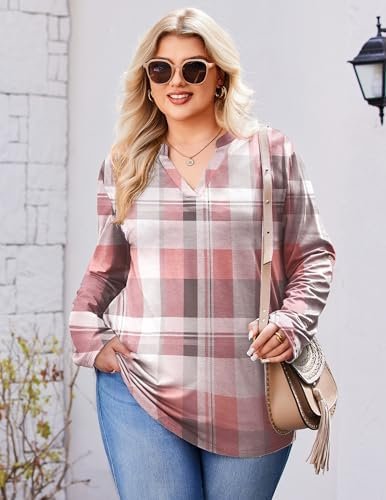 41Xr3U-dIfL._AC_.jpg IN'VOLAND Womens Plus Size Long Sleeve Tops V Neck Plaid Roll Up Shirts Basic Casual Work Blouses
