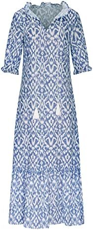 LFEOOST Womens 3/4 Sleeve Maxi Dresses Summer Fashion Floral Print Casual V Neck Drawstring Ruffles Beach Flowy Long Dress