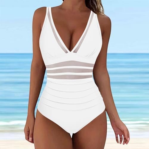 41Y1BOTCUfL._AC_.jpg Generic One Piece Swimsuit Women Mesh Tummy Control V Neck High Waist Ruched Pushup Bathing Suit Sexy Beach Vacation Swimwear