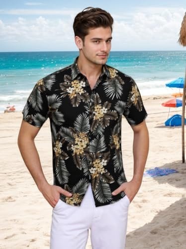 Mens Hawaiian Shirts Tops Short Sleeve Floral Button Down Beach Shirt Vintage Tropical Palm Summer Lightweight Blouses Male