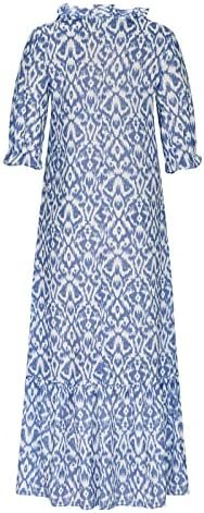 LFEOOST Womens 3/4 Sleeve Maxi Dresses Summer Fashion Floral Print Casual V Neck Drawstring Ruffles Beach Flowy Long Dress