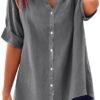 Womens Linen Button Down Shirts Gauze Cotton Shirt Short Sleeve Oversized Boyfriend Solid Tunic Tops Casual Dressy