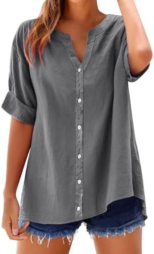 Womens Linen Button Down Shirts Gauze Cotton Shirt Short Sleeve Oversized Boyfriend Solid Tunic Tops Casual Dressy