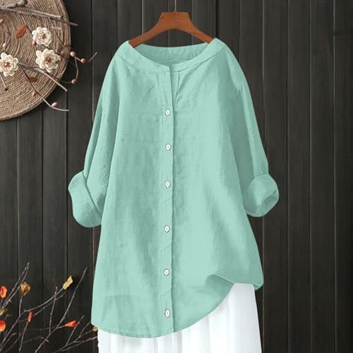 Women's Solid Collared Linen Shirts - 2025 Lightweight Summer Beach Tops, Long Sleeve Boho Button Down Casual Blouses