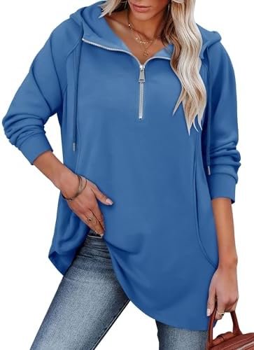 onlypuff Women Hoodie Pullover Trendy Quarter Zipper Lapel Sweatshirts Drawstring Cute Hooded Tunic Tops with Side Pockets
