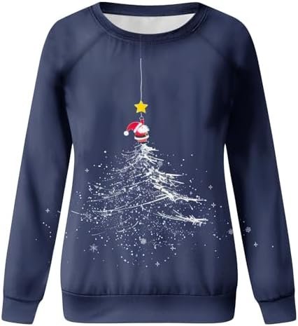 Womens Christmas Tree Graphic Sweatshirts Plus Size Crewneck Long Sleeve Pullover Casual Cute Funny Xmas Holiday Tops