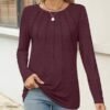 Womens Long Sleeve Shirts Pleated Fashion Crew Neck Casual Tops Blouses Basic Tee Trendy Clothes 2025