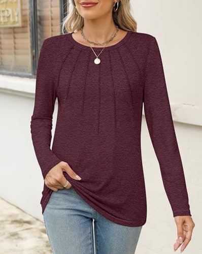 Womens Long Sleeve Shirts Pleated Fashion Crew Neck Casual Tops Blouses Basic Tee Trendy Clothes 2025