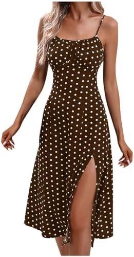 Women Polka Dot Spaghetti Strap Dresses Beach Vacation Sundresses 2024 Causal Slit Midi Dress Trendy Boutique Clothes