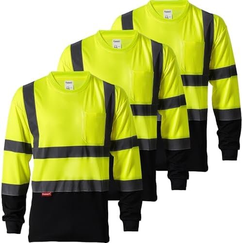 ProtectX Men's High Visibility Heavy Duty Long Sleeve Reflective Safety T-Shirts for Construction, Class 2-3 Type R