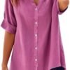 Women's Solid V-Neck Linen Shirt - 2025 Lightweight Summer Beach Top, Short Sleeve Boho Button Front Casual Blouse