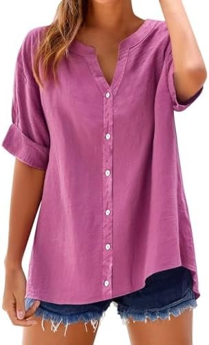 Women's Solid V-Neck Linen Shirt - 2025 Lightweight Summer Beach Top, Short Sleeve Boho Button Front Casual Blouse