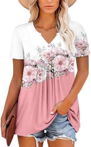 BETTE BOUTIK Womens Short Sleeve Tunics V Neck Button Down Shirts Blouse Tops Pullover S-3XL