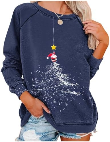 Womens Christmas Tree Graphic Sweatshirts Plus Size Crewneck Long Sleeve Pullover Casual Cute Funny Xmas Holiday Tops